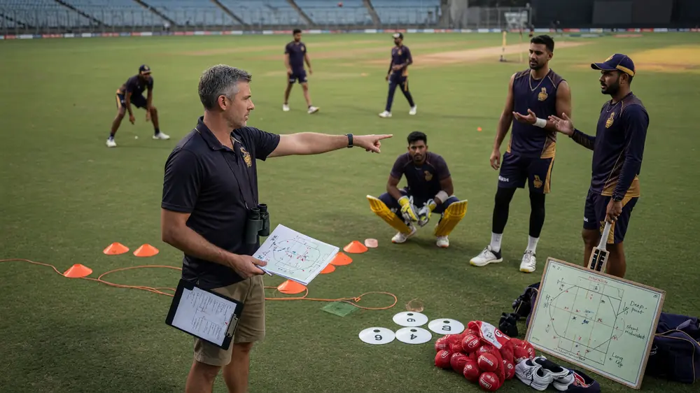 Coach and players in coloured training kit reviewing field positions on a grass outfield during a practice session