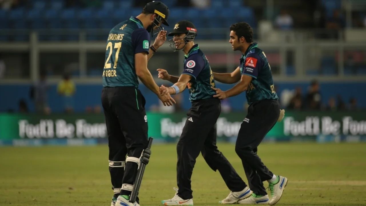 A captain and a slip fielder discuss field placement during a one-day international with the ball in play