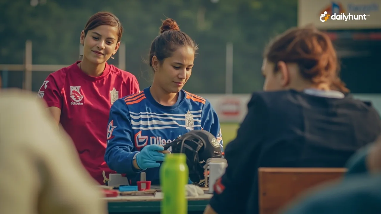 Close view of a captain's notebook and team selection card on a dugout bench during a women's T20 match