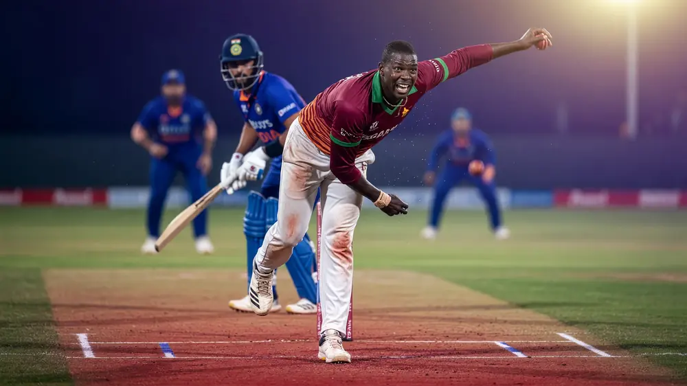 Fast bowler in maroon kit releasing a white ball with an India batter watching from the crease