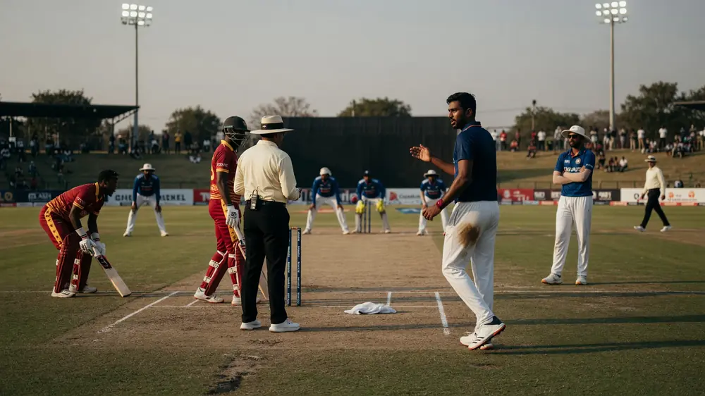 India fielder gestures near the pitch while Zimbabwe batters and an umpire stand in a set field